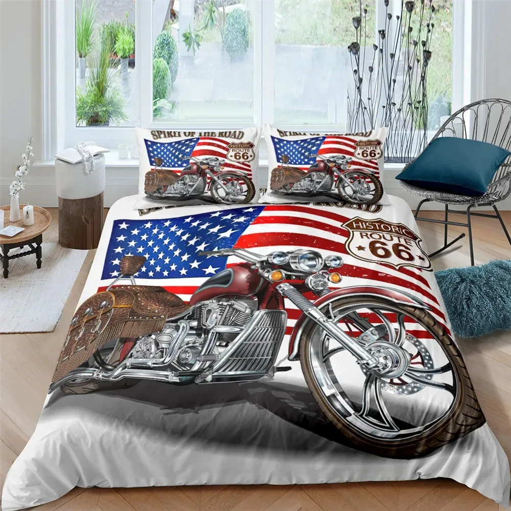 

Fashion 3d Bedding Set U.S. Route 66 Quilt Cover Motorcycle Duvet Cover Set For Kids Teens Luxury Home Textile 23Pcs