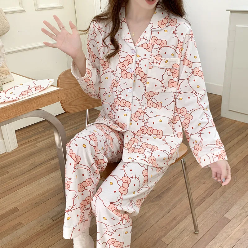 

Sweet Hello Kitty Long Sleeved Women Pajamas Pure Cotton Kawaii Sanrio Cartoon Full Print Kt Nighttown Casual Cardigan Home Wear