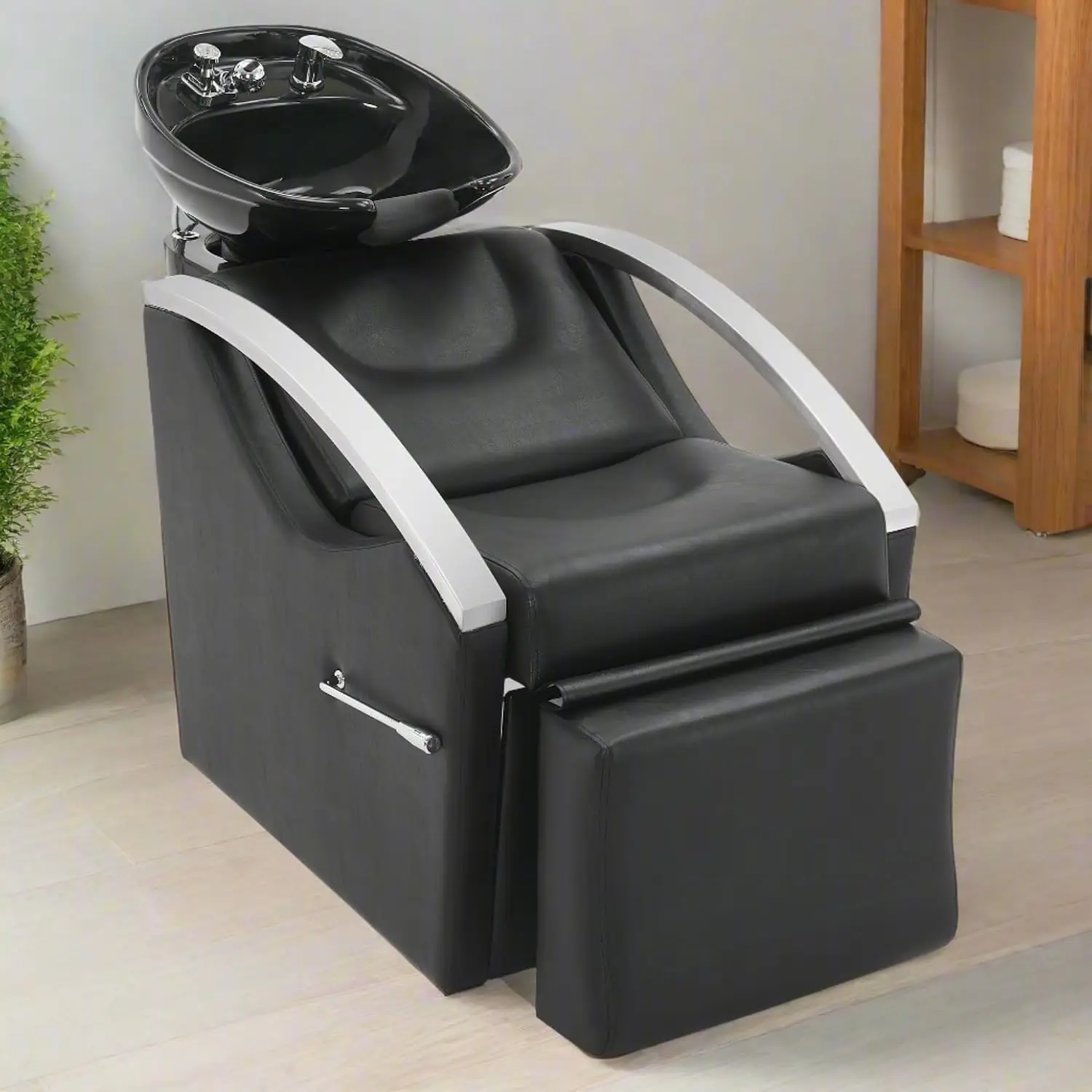 Ceramic Shampoo Bowl Sink, Adjustable Shampoo Bowl & Neck Rest, Built-In Leg Rest Design, Professional Salon Station