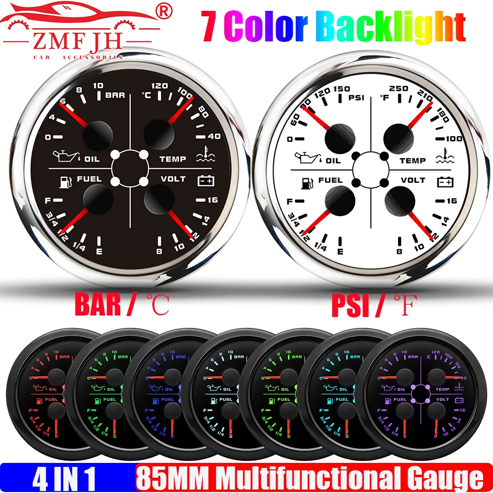 ZMFJH Auto Car Boat 4IN1 Multi-Meter 7 Color 85MM Oil Pressure+Water Temperature+Fuel Level Gauge+Voltage with Flash Alarm 12V