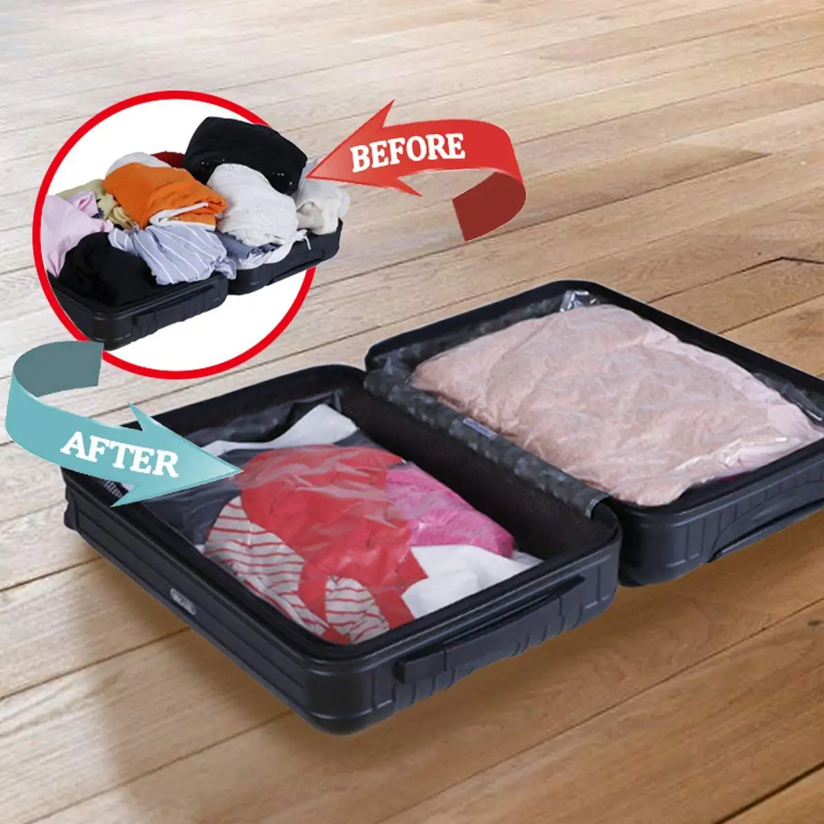 سعر المصنع صديقة للبيئة توفير المساحة حقيبة مضغوطة مجموعة أكياس تخزين المكنسة الكهربائية مع مضخة للملابس