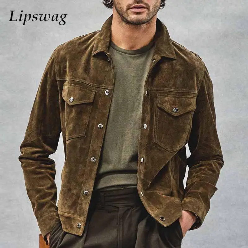 Vintage Pockets Solid Color Cargo Jacket Mens Autumn Fashion Turn-down Collar Button Jackets Mens Daily Casual Long Sleeve Coats