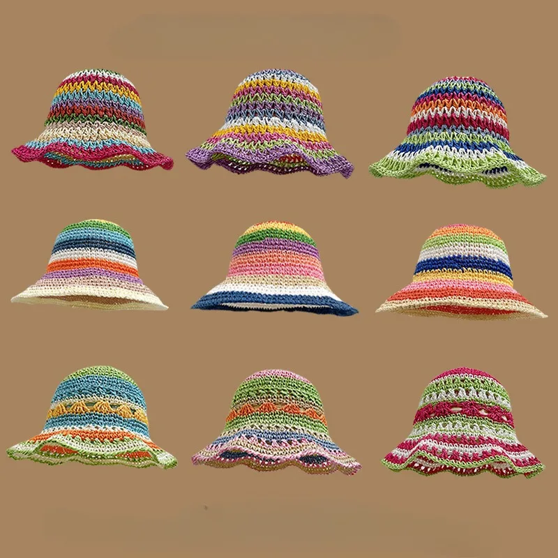 Seaside Outing Contrasting Color Rainbow Bucket Hat Female Dopamine Color Famous Style Sunshade Big Brim Versatile Straw Hat