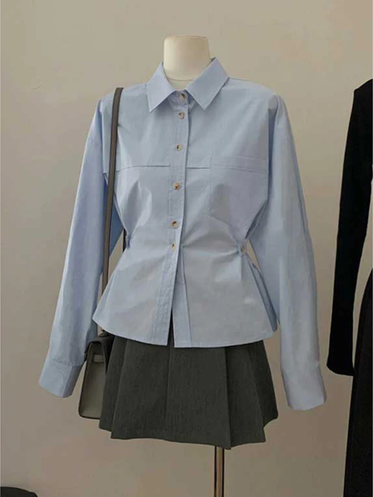 

Женская приталенная синяя блузка с длинным рукавом, весенняя модная модель с утягивающим эффектом на талии, в корейском стиле, однотонная, для повседневной носки