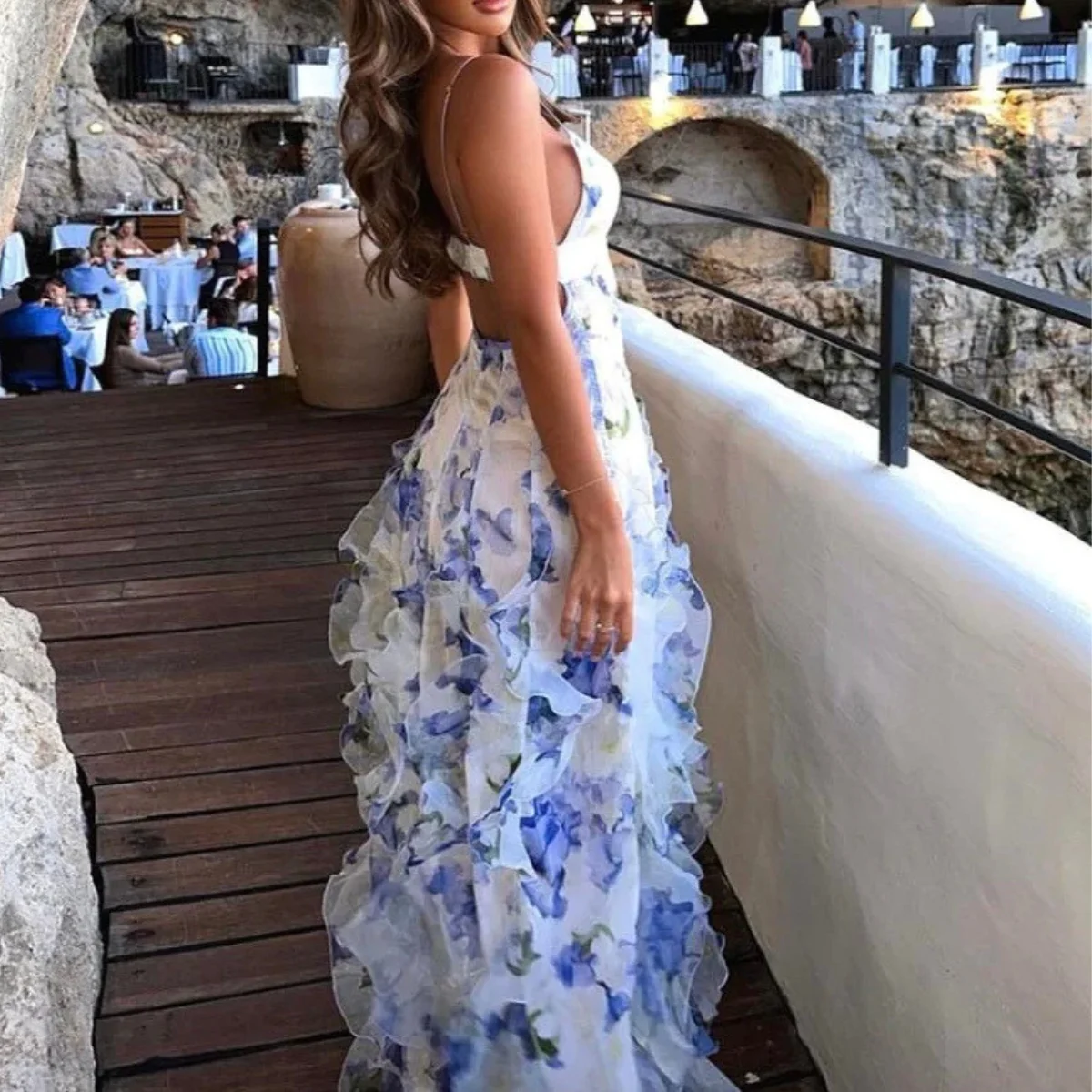 Vestido de verão estampado respirável sem costas vestidos longos femininos alças espaguete vestido de festa moda praia roupas de moda