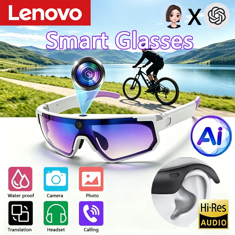 Image of Lenovo KI-Smart-Brille 1600W 8K HD Anti-Shake-Kamera Fahrrad-Foto- und Videobrille Sport-Sonnenbrille Dual-Mikrofon 32GB Winddichte Brille 2026