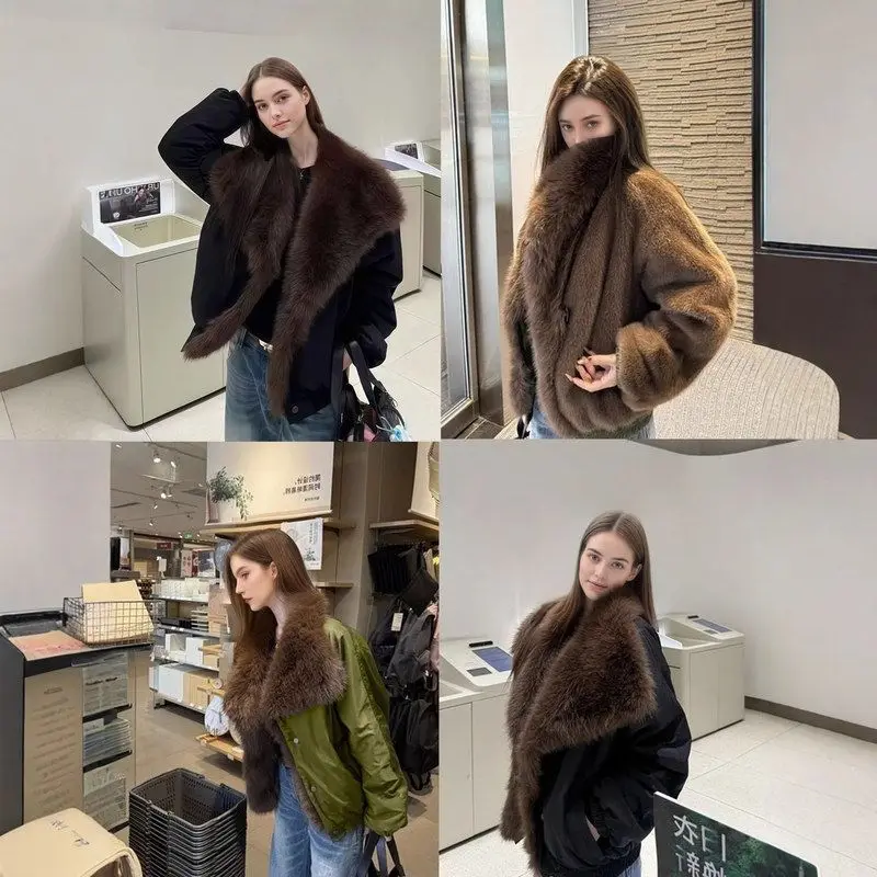 

Faionable Double-Sided Winter Parka Coat Women's Fur Trimmed Collar Long Sve Zipper Pure Color Loose Fit Briti Sle