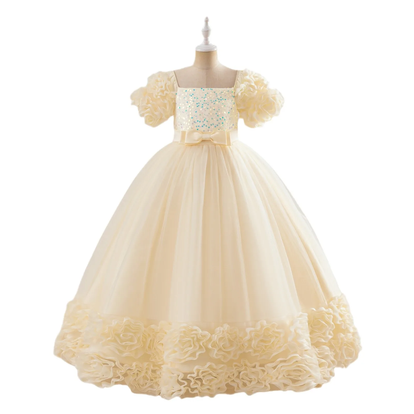 

Flower Bridesmaid Girls Elegant Dress Children Christmas Costume Lace Bow Princess Kids Dressees For Girl Party Wedding Gown