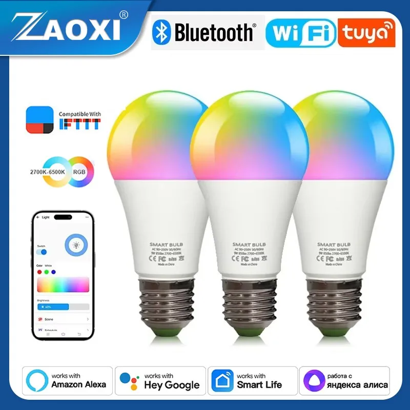 

ZAOXI Tuya WIFI Bluetooth Smart Light Bulb Support Alexa Google Assistant Voice Control 9W 110-240V RGB E27 Dimmable LED Bulb