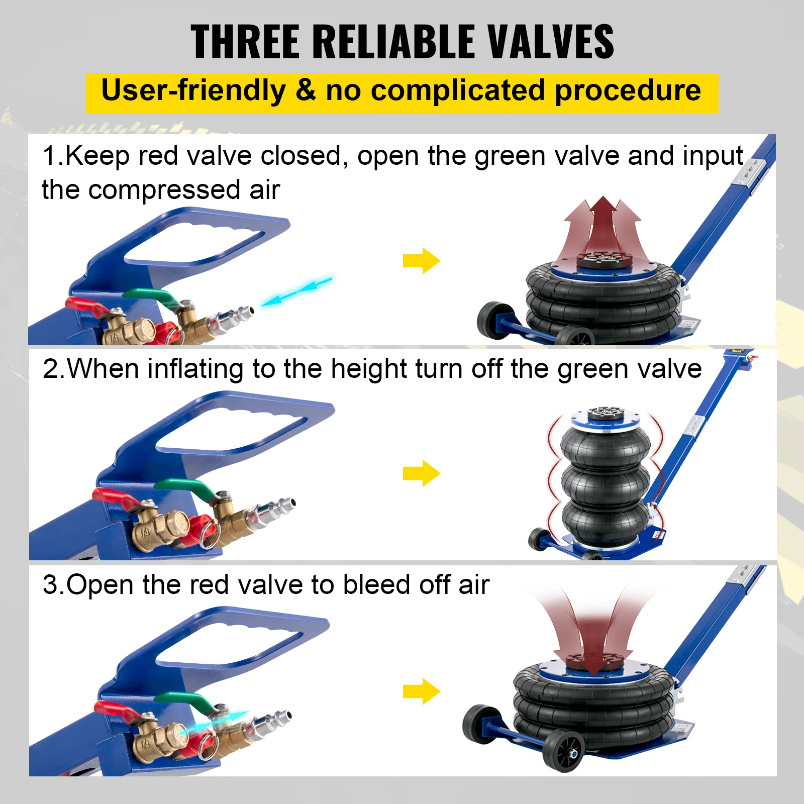 VEVOR Martinetto Pneumatico 3/5 Tonnellate Cric Pneumatica ad Aria 6600-11000 Libbre Presa Cric Sollevatore Pneumatica per Auto con Maniglia Pieghevole 3 Airbag Gamma di Altezza 14-40 cm