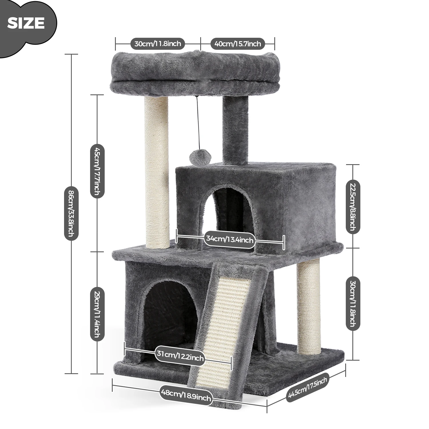 Grote kattenboom voor binnenkatten, kattentoren op meerdere niveaus met sisal krabpaal, 2 ruime appartementen, kattenkrabpad, kattenspeelgoed - afbeelding 1