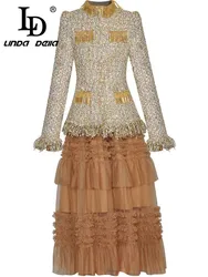 LD LINDA DELLA Luxury Women's Suit Elegant Beaded Tassel Single-breasted Tops+Flounced Edge skirt Fashion 2 piece Set