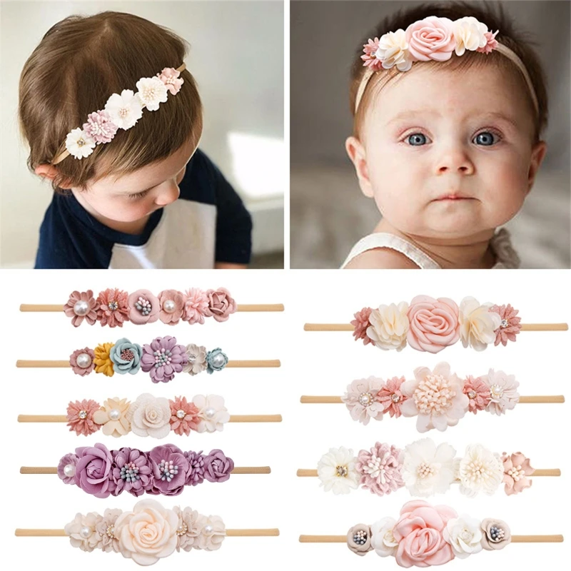 Y1UB Artificial Flower Baby Headband Hundred Day Newborn Infant Toddler for Baby Shower Little Girls Photograph Props Present