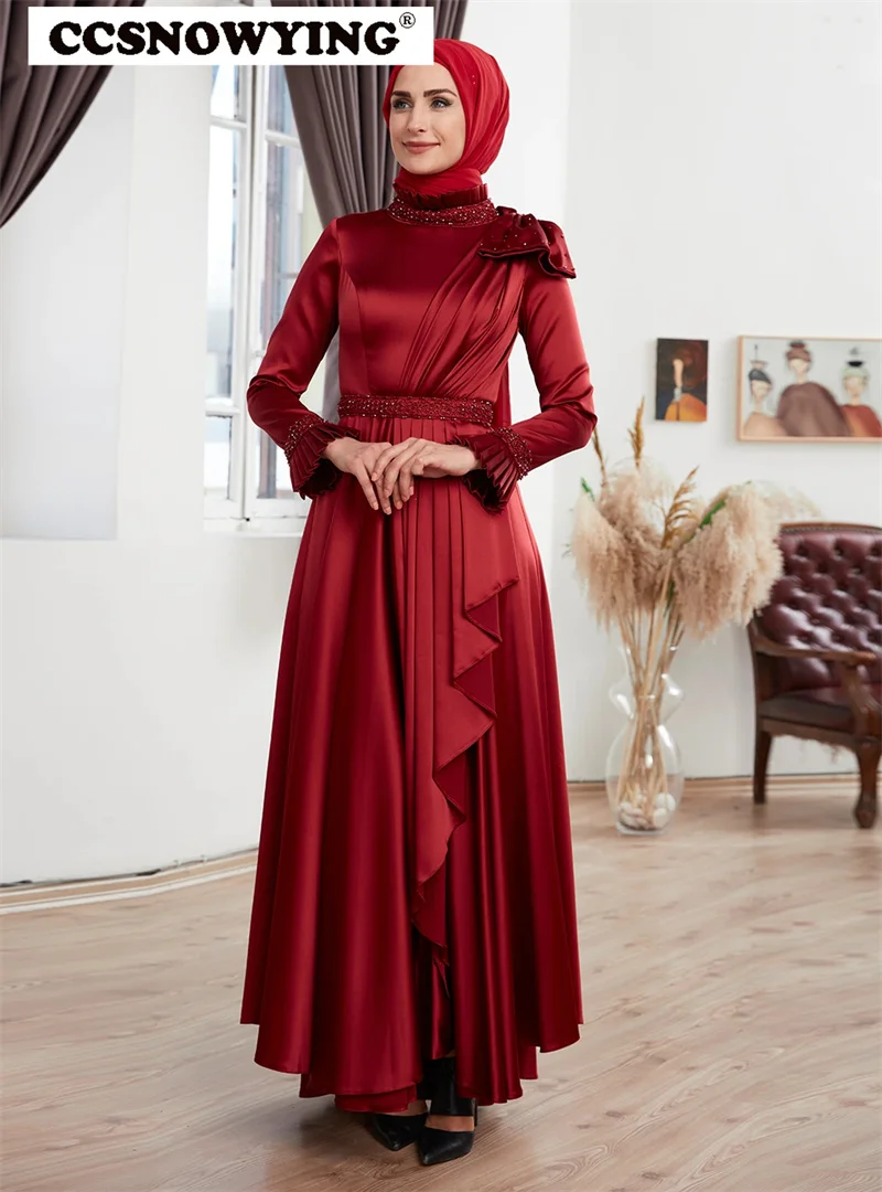 

Burgundy Beaded Hijab Muslim Evening Dresses Satin Long Sleeve A Line Islamic Formal Party Gown Arabic Dubai Robes De Soirée