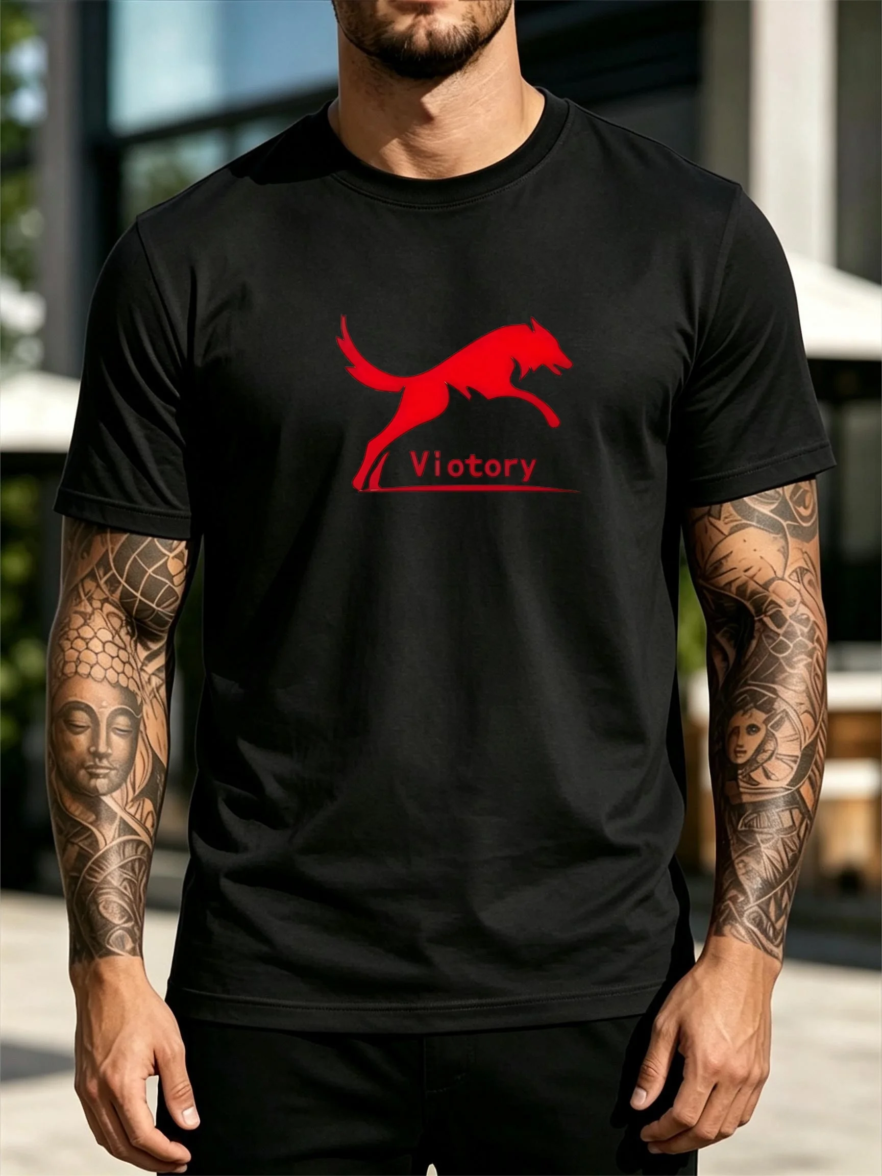 Men'S Short Sleeve T-Shirt Black Blue Red White Four Colors Optional Jumping Wolf Silhouette Victory Inspirational Text Small Print Loose Oversized Young Men Daily Commute Summer Casual Crew Neck Top