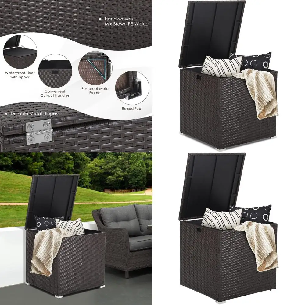 

72 Gallon Outdoor Wicker Storage Bin with Waterproof Liner, Gas Strut, and Deck Box for Accessories and Garden Tools