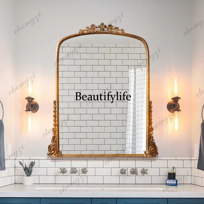 French style retro carved mirror European style bathroom mirror toilet makeup washbasin wall mirror