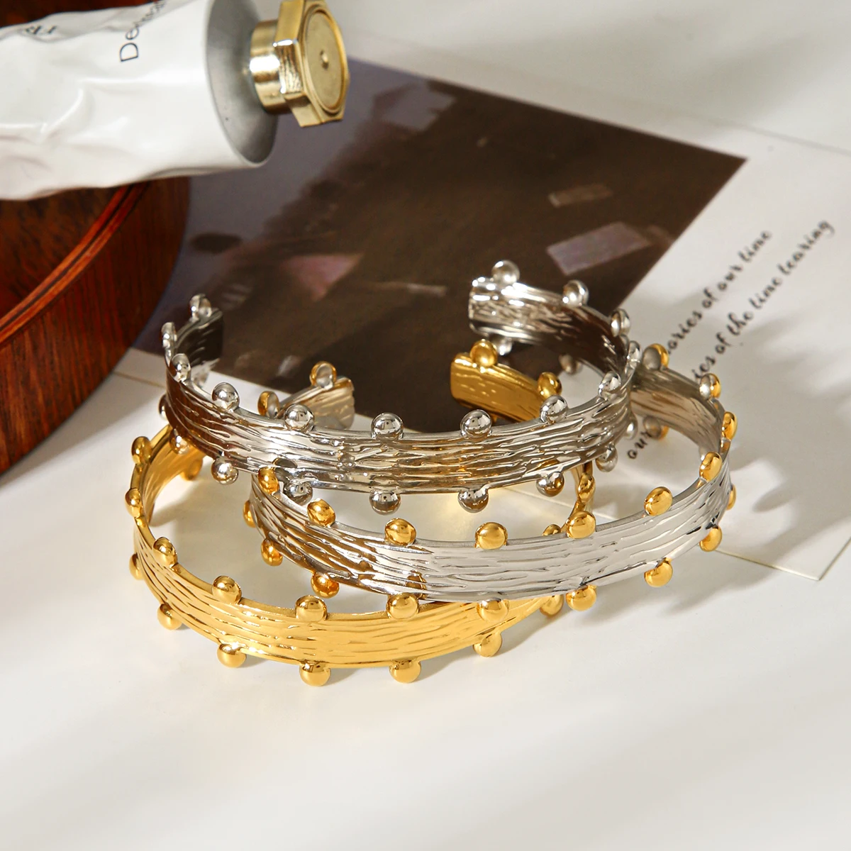 

Chunky Irregular Wide Bracelet Gold Silver Color Stainless Steel Women Bold PVD Plated Non Fade Daily Women Accessories