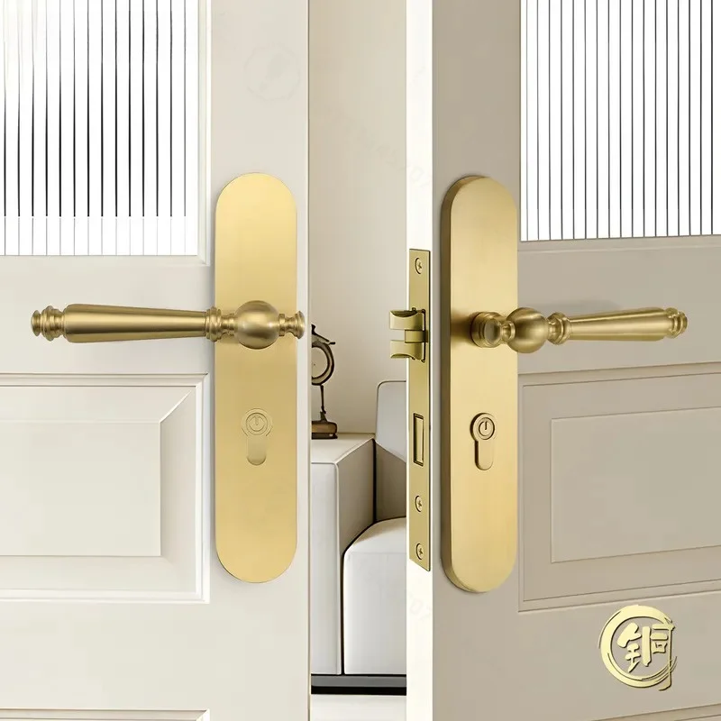 American Light Luxury Brass Double Door Lock High End Office Living Room Universal Silent Integrated Door Handle