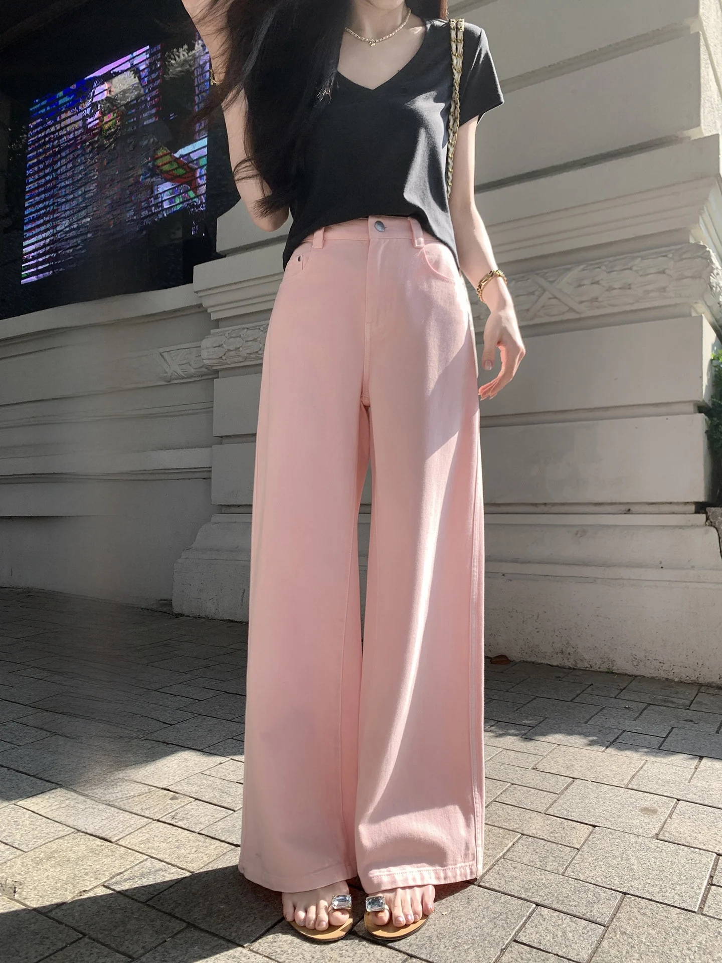 

Summer Poem Loose Fit High Waist Straight Leg Cotton Denim Jeans Women's Vintage Simple Slimming Long Trousers Casual Style