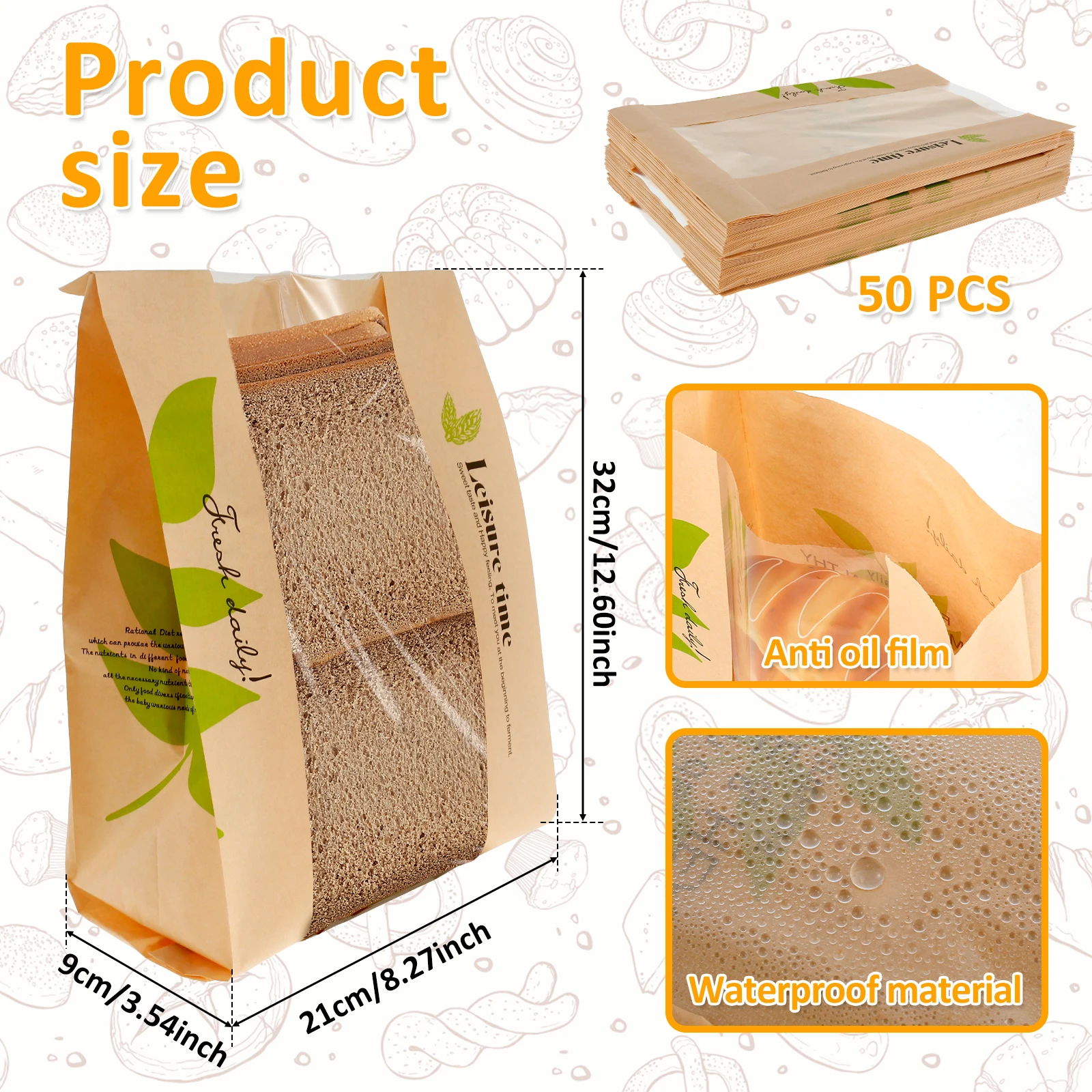 50Pcs Paper Bread Bags with Stickers Waterproof Oil Resistant Bakery Bag with Clear Window Multipurpose Food Bag for Candy Snack