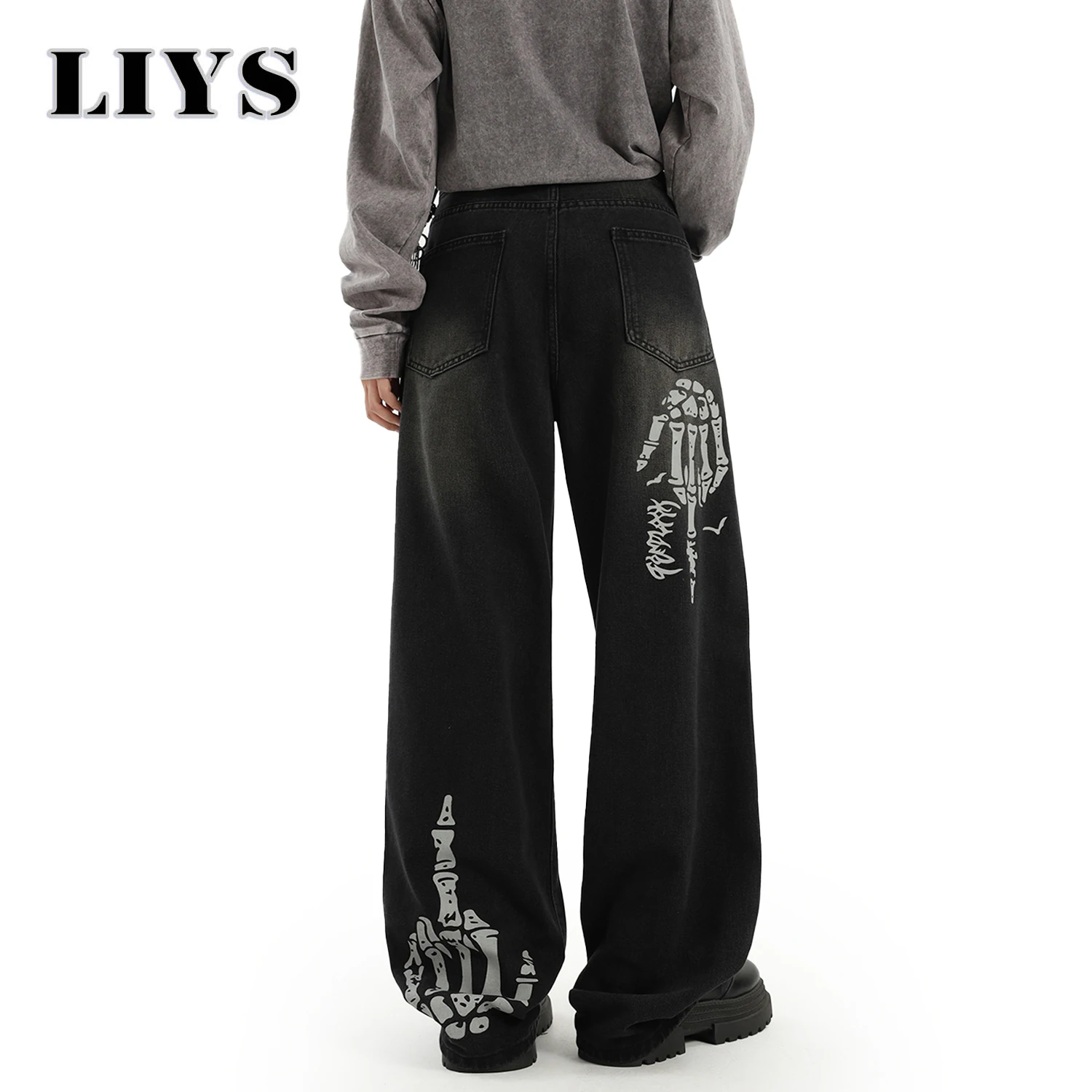 Herren Amerikanische Retro Schwarze Baggy Wide Leg Jeans Frühling Sommer Lose Gerade Denim-Hosen Damen Basic Jeans mit Totenkopf-Motiv