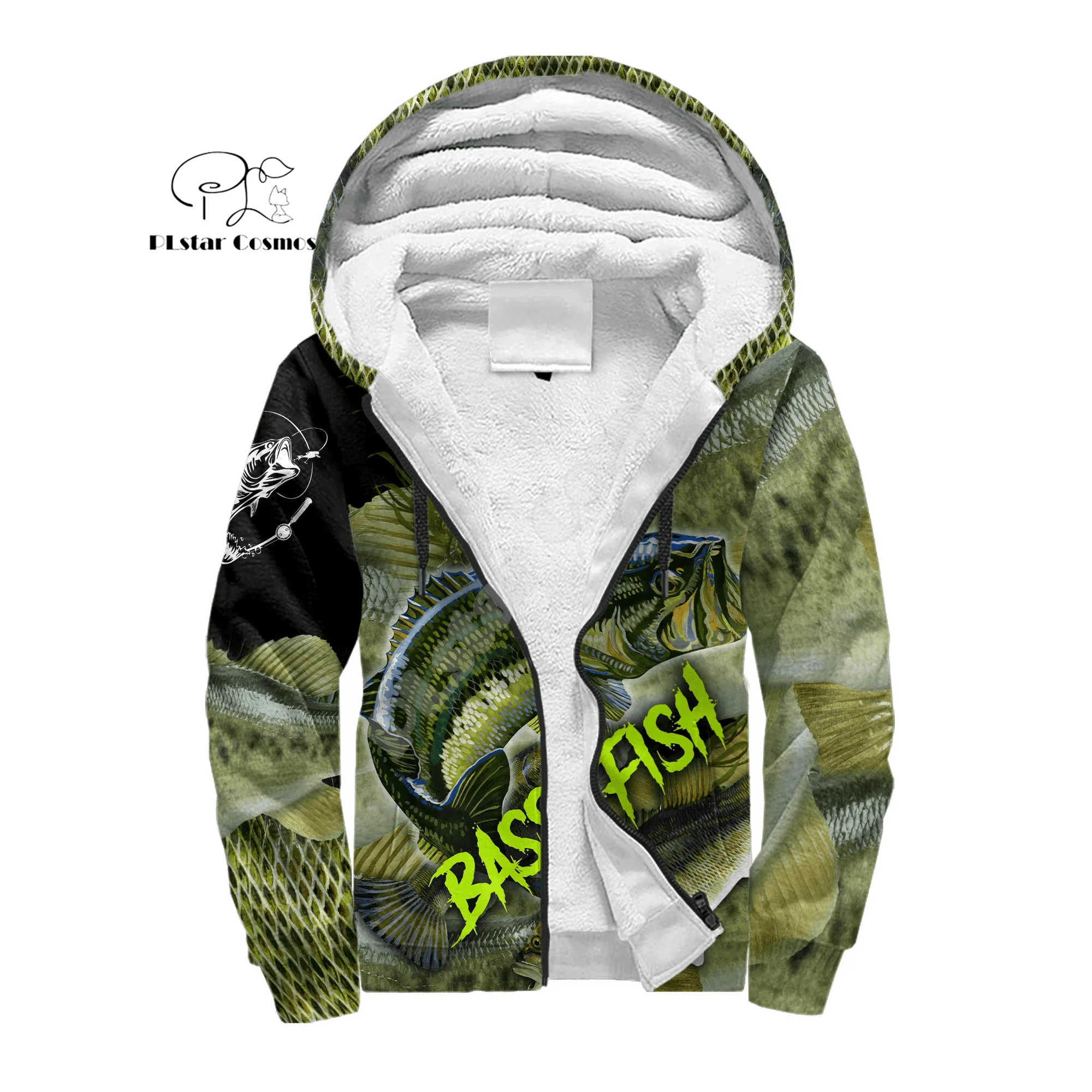 

Куртка-худи на молнии с индивидуальным дизайном, 3D-принтом животных (басс, судак), камуфляжная, винтажная, ретро, в стиле Харадзюку, повседневная, зимняя, утепленная флисом, с капюшоном 0