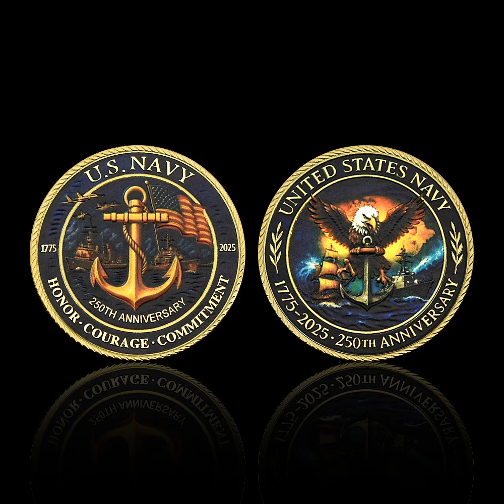U.S. Navy 250th Anniversary 1775-2025 Collectible Coin, Souvenir with Eagle, Anchor, Warships, and Honor Courage Commitment