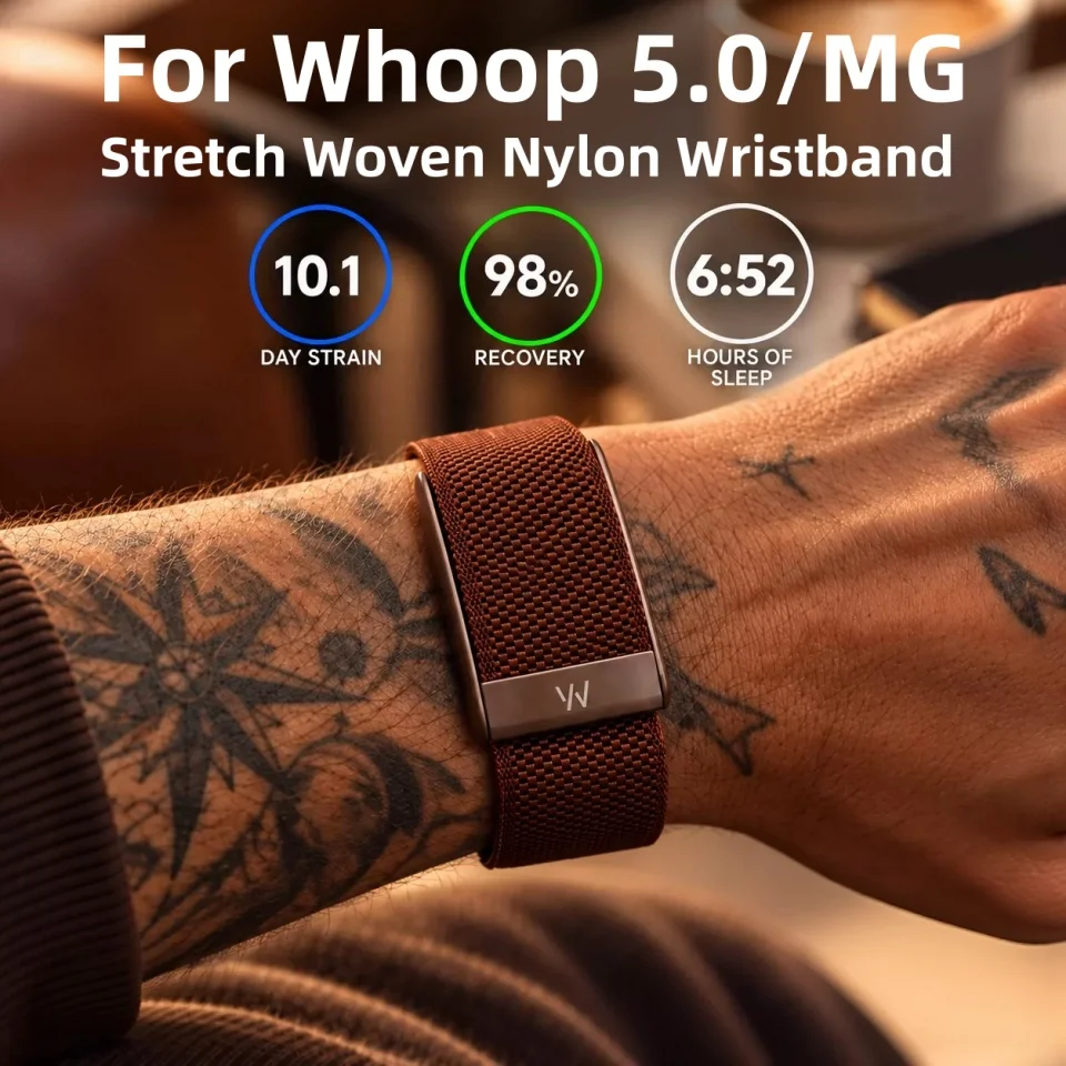 New Walnut Brown Nylon Woven Elastic Strap With W Logo For Whoop 5.0 / MG Adjustable Breathable Sport Replacement Wristband