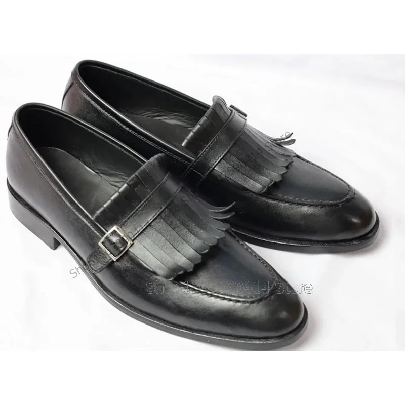 

Black Tassels Buckle Decor Sewing Design Loafers Fashion Slip On Men Shoes Luxury Handmade Party Banquet Office Men Dress Shoes