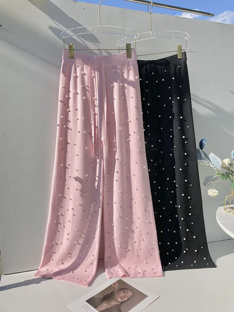 Autumn winter new pearl chic wide leg pants for women high waist loose and lazy style casual Pants