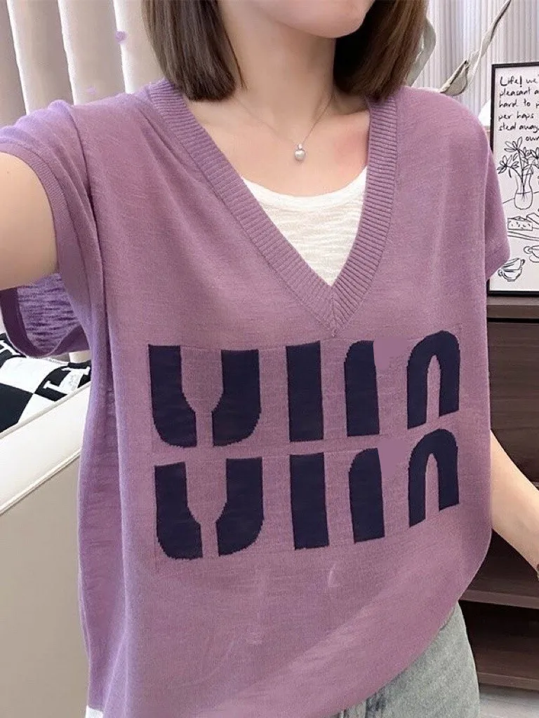 

Свободная футболка из ледяного шелка ort Sve, женская летняя модная футболка с искусственным принтом из двух предметов, корейская повседневная одежда