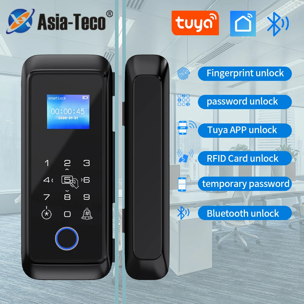 tuya bluetooth impressao digital porta de vidro inteligente bloqueio duplo gancho rfid 1356mhz app impressao digital m1 cartao senha desbloqueio 01