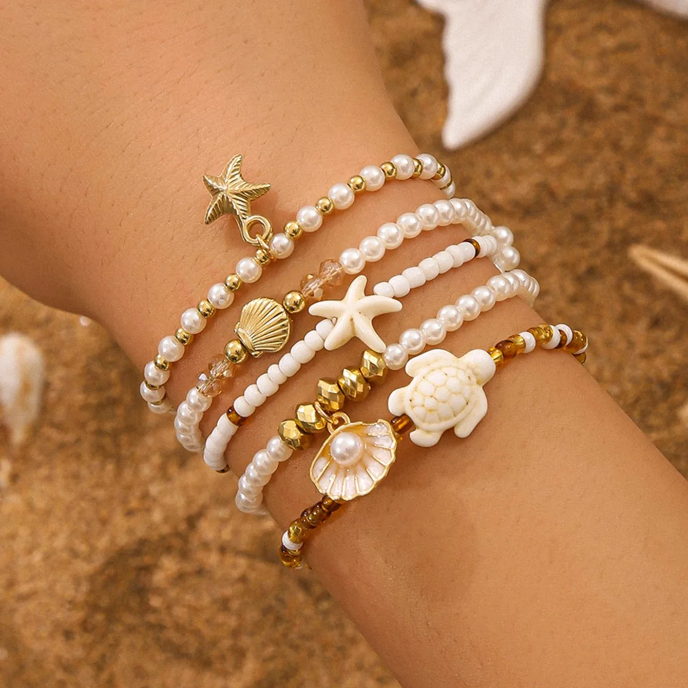 

5pcs/set Multi-layer Elegant Imitation Pearl Bracelet Starfish Shell Turtle Pendant Bracelet Women's Summer Party Dating Jewelry