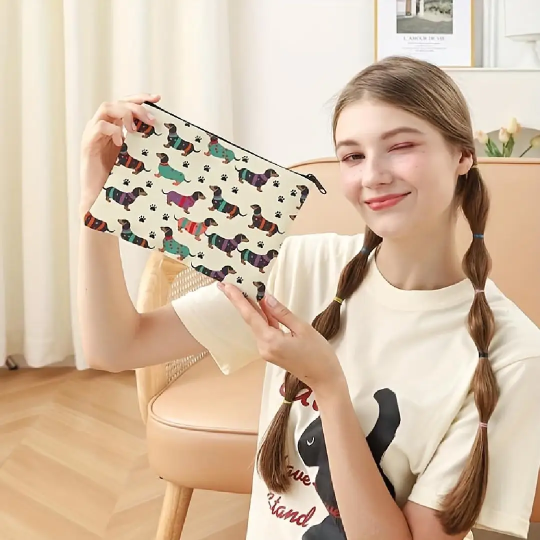 Uma bolsa de maquiagem estampada com padrão de cachorro pequeno – uma linda bolsa multifuncional com zíper para mulheres, bolsa de armazenamento de joias,