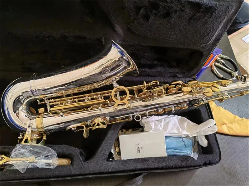 

Горячий новый саксофон 2026, серебристый, золотой лак E, плоский альт-саксофон Eb с мундштуком для футляра
