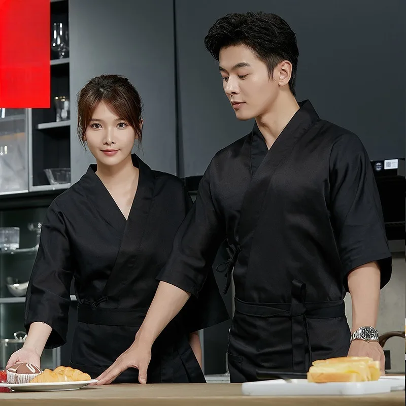 ชุดยูนิฟอร์มเชฟร้านอาหารญี่ปุ่น แขนเจ็ดส่วน ชุดเสิร์ฟซูชิแบบกิโมโน ชุดทำงานพนักงานเสิร์ฟและเชฟร้านอาหารเกาหลี