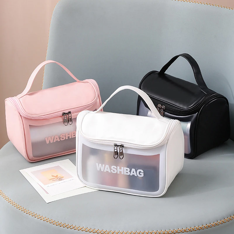 1Pcs New Transparent Matte Wash Bag Semi Transparent Portable PU Storage Bag For Women Flip Over Makeup Bag