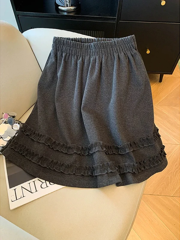 

Ele Double Layered Tweed Skirt with Wood ain for Women High Waist Elastic Waist A-Line Skirt Autumn Winter Sl...