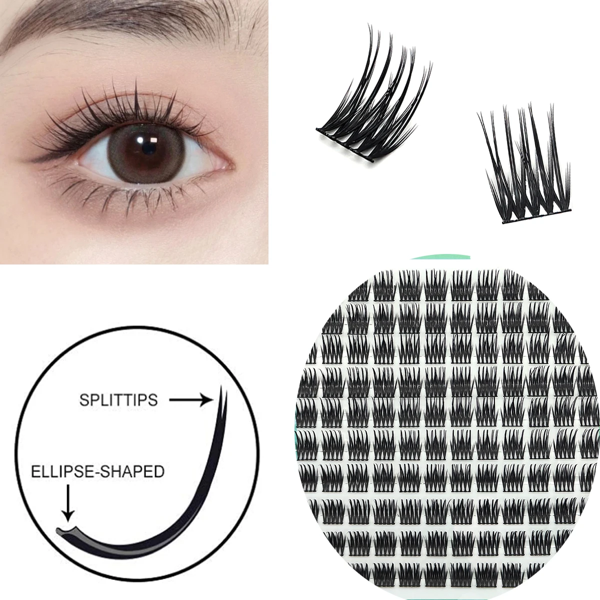 Flat Ellipse Eyelash Split Tips Matte Gray Black Color Super Soft Gentle Natural Segmented Eyelash Extension Flat Shape Lashes
