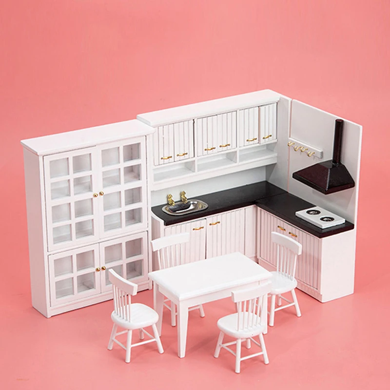 Armario de cocina para casa de muñecas, juego de muebles en miniatura de comedor, Kit de muñecas de madera a escala 1/12, adorno de escena de la vida