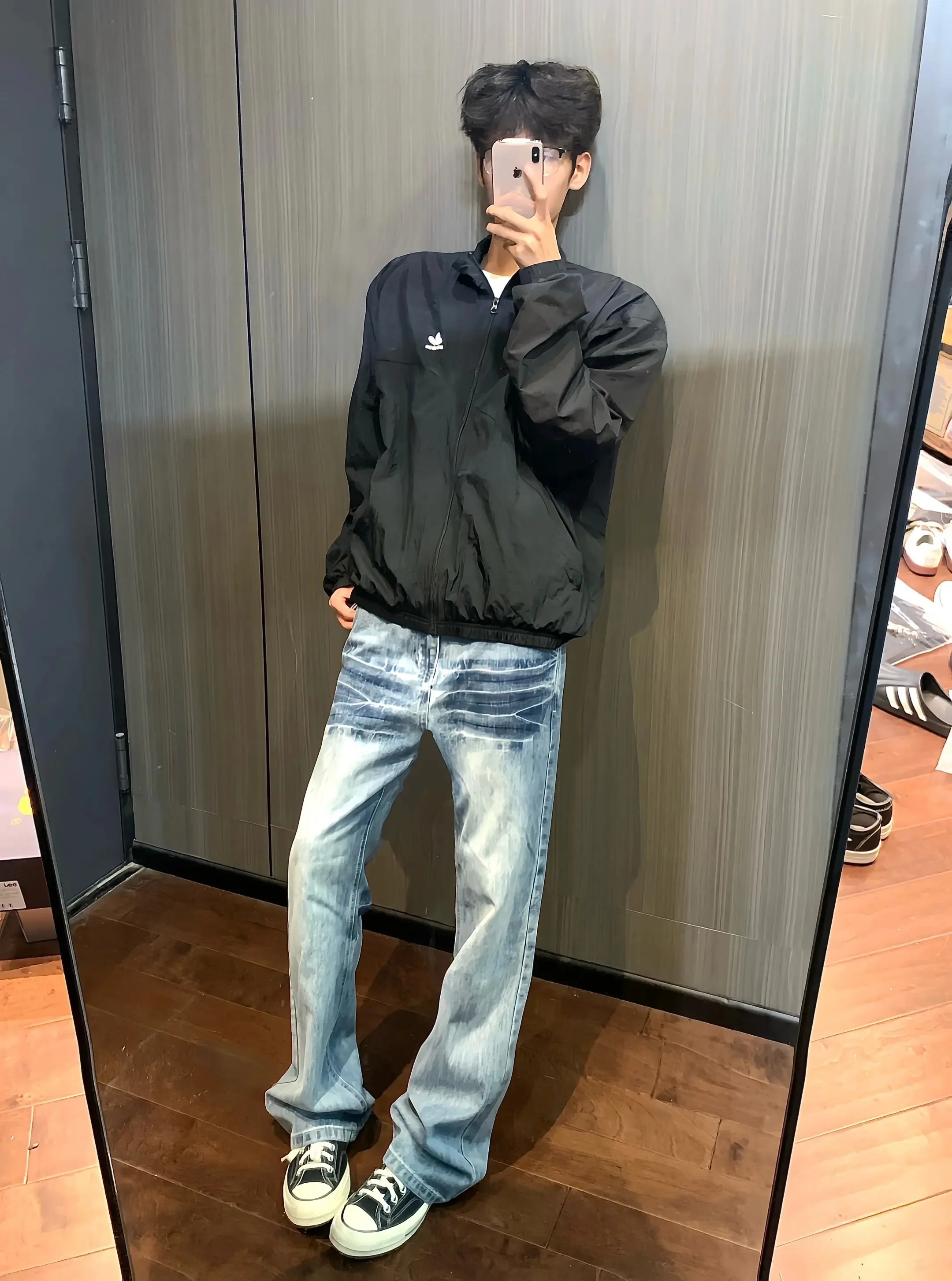 

Cleanfit Men's Retro Waed Blue Lightning Pattern Denim Jeans Straight Leg Micro Flared Autumn High Street Vibe Casual Jeans