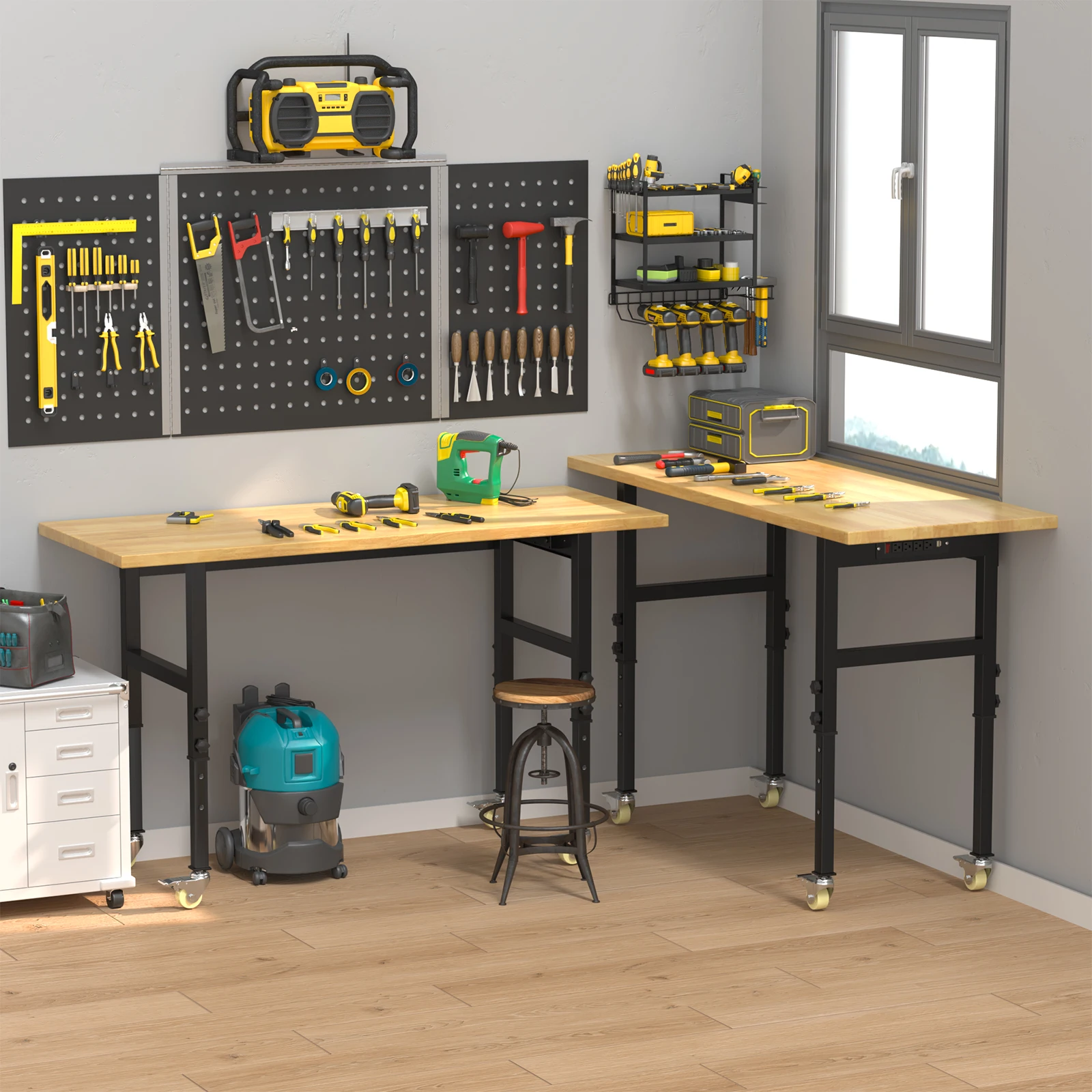60” Chipboard Work Bench with Drawers, Heavy Duty Adjustable Workbench with Power Outlet and Wheels