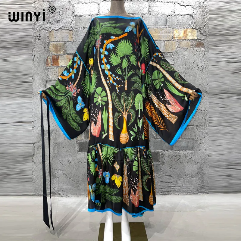 WINYI summer Fashion Women Casual Floral elegant Evening Party Beach Long Maxi Dress with belt abayafashion kaftan