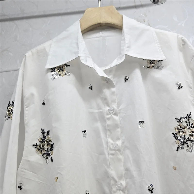2025 Autumn New Women's Shirts Feminine Floral Sequin Embroidery Loose Striped Shirts Loose Comfort Chic Jacket Long Sleeve Tops