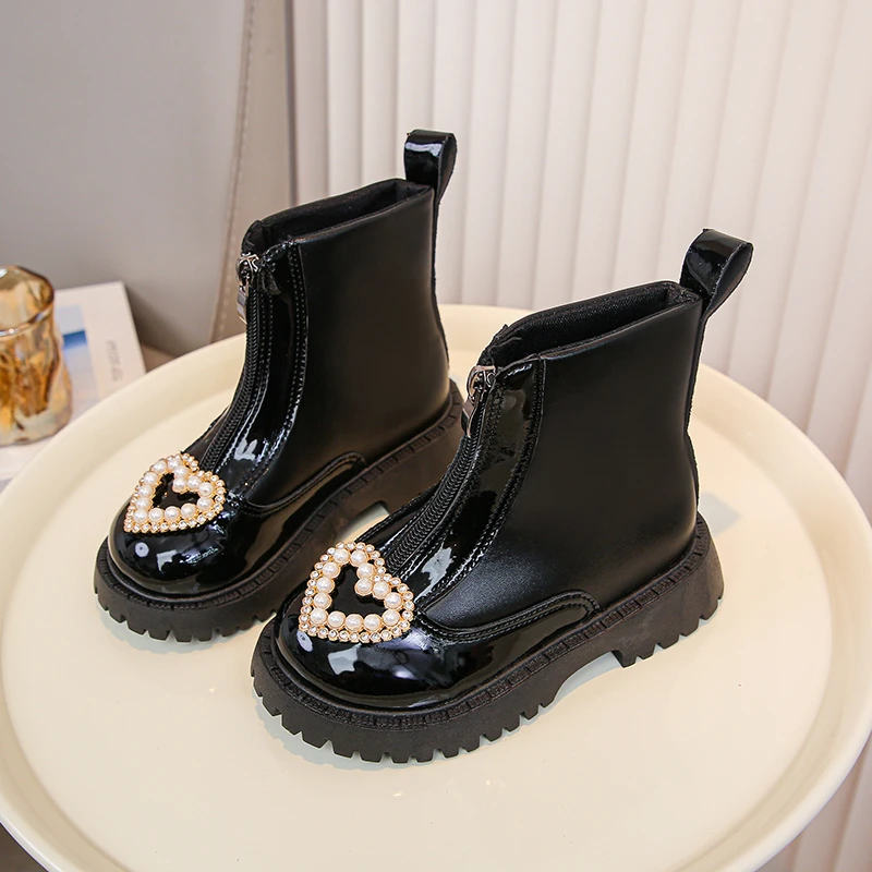 Girls Round Toe Front Zipper Princess Shoes Ankle Strap Soft Soled Fashion Boots 2024 Winter British Style with Roman Shoes