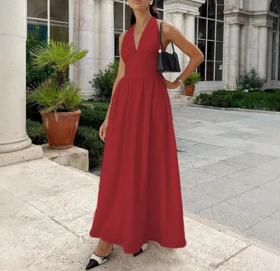 

Summer Fashion Classic Hepburn Style Elegant Solid Color Simple Deep V-Neck High Waist Backless Sleeveless Hanging Neck Dress