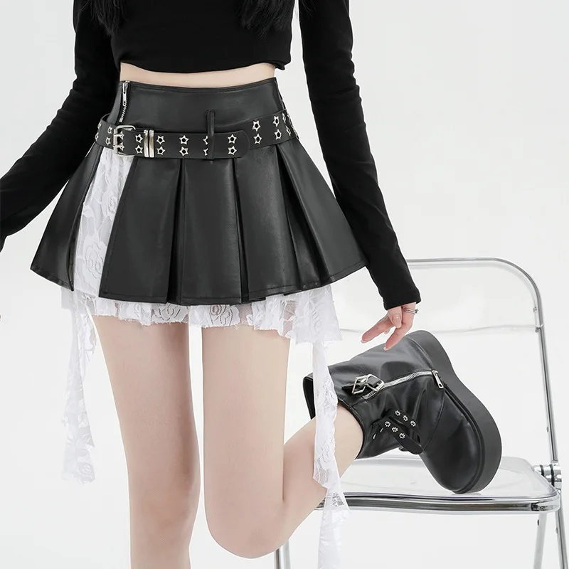 PU Sexy Black Mini Skirt Women Lace Spliced Gothic A-line Skirt Zipper Decor Streetwear Short Skirt High Waist Grunge Skirt Girl