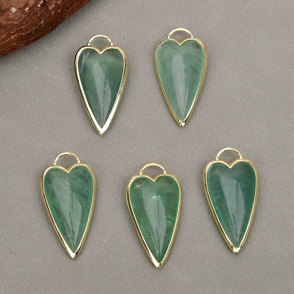 

APDGG 5 Pcs Natural Green Fluorite Quartz Heart Pendant Gold Edge Plated Bezel Set Gems Stone Charms Jewelry Making DIY