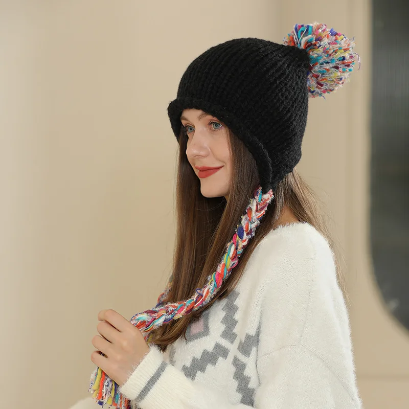 Color Fringed Braided Bag Head Hat Women's Autumn and Winter New Warm Ear Protector Crimped Wool Hat Knitted Pullover Hat